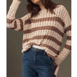 PILCRO by Anthropologie Longline Stitch Sweater S Ivory Beige Stripe Cable Knit